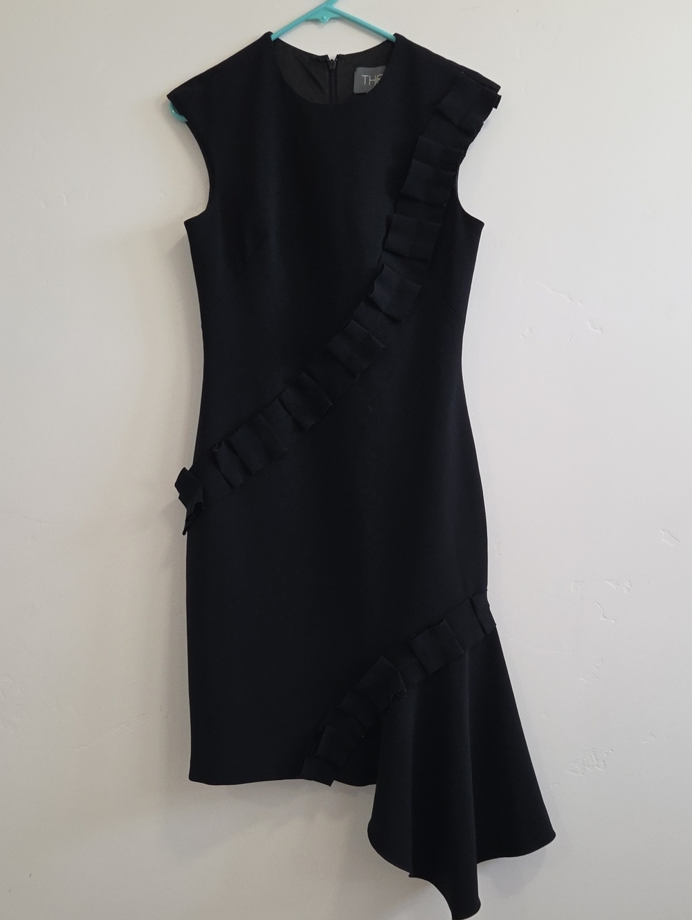 Theia Black Sleeveless Midi Dress with Diagonal Ruffle Detail